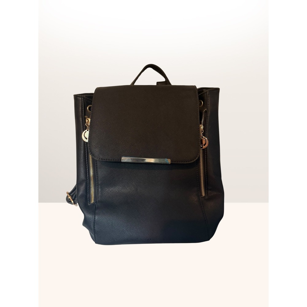 Black Saffiano Vegan Leather Backpack Gold Hardware Drawstring Flap Small Bag - Picture 3 of 7